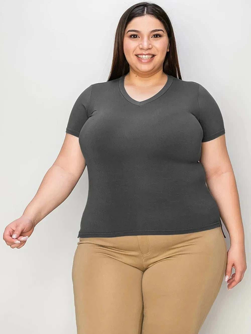 Basic Bae Full Size V-Neck High-Low T-Shirt - Trendsi - Flyclothing LLC