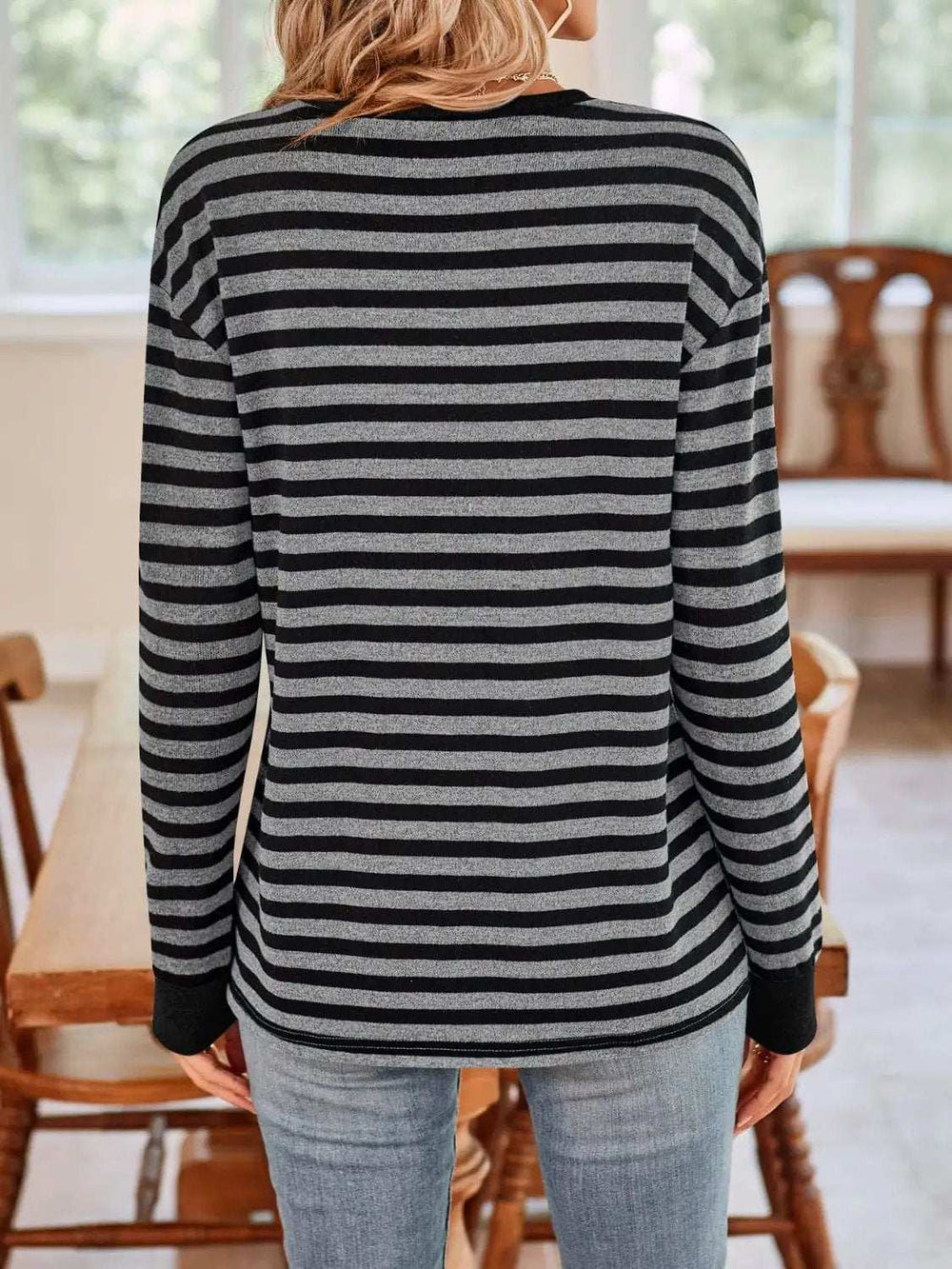 Striped Round Neck Long Sleeve T-Shirt - Trendsi - Flyclothing LLC