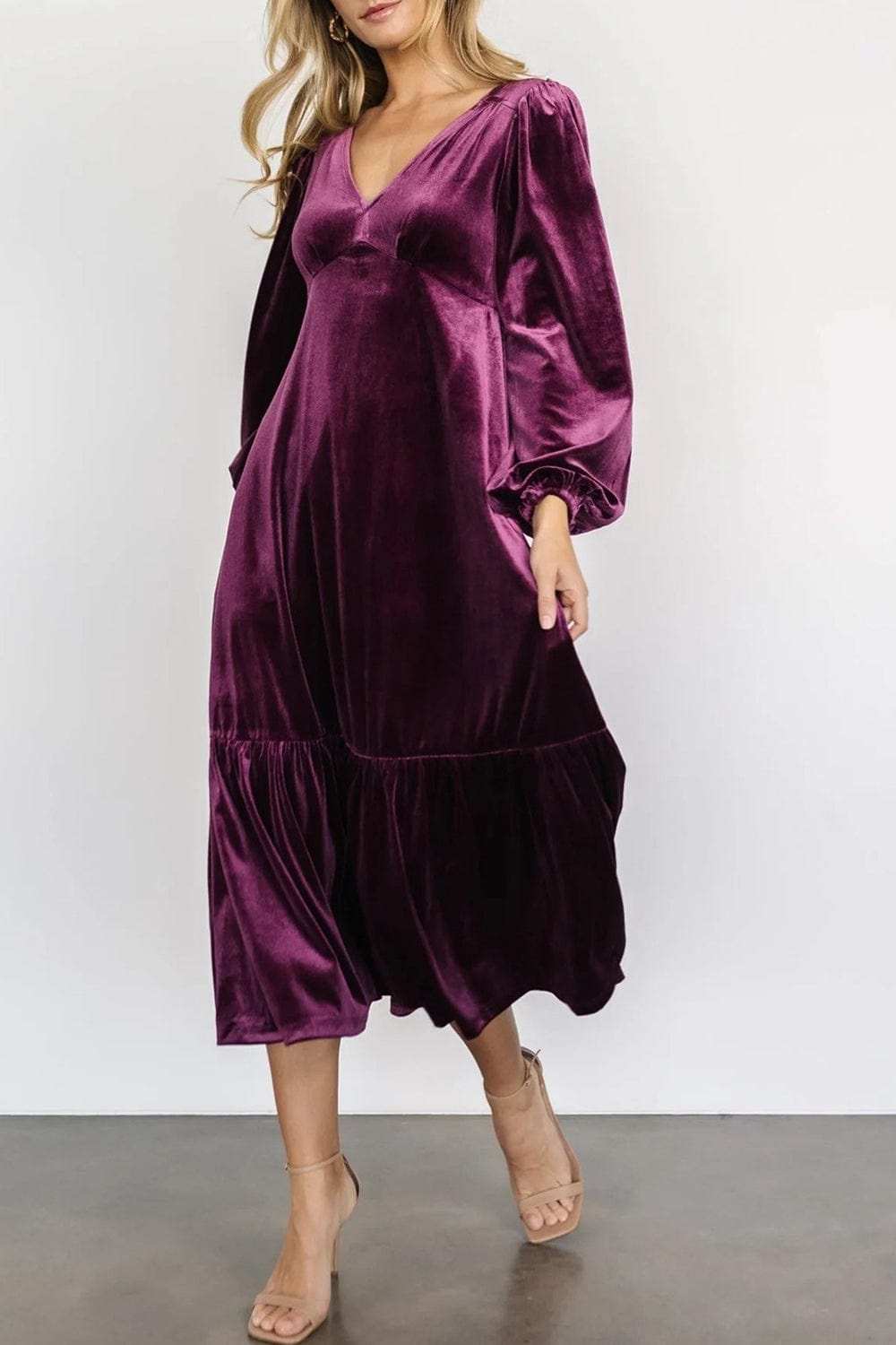 V-Neck Long Sleeve Midi Velvet Dress - Trendsi - Flyclothing LLC