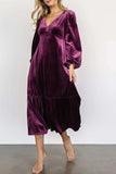 V-Neck Long Sleeve Midi Velvet Dress - Trendsi - Flyclothing LLC