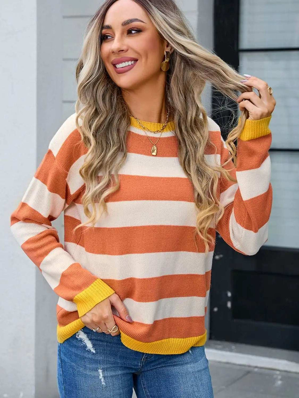 Striped Round Neck Dropped Shoulder Sweater - Trendsi - Flyclothing LLC