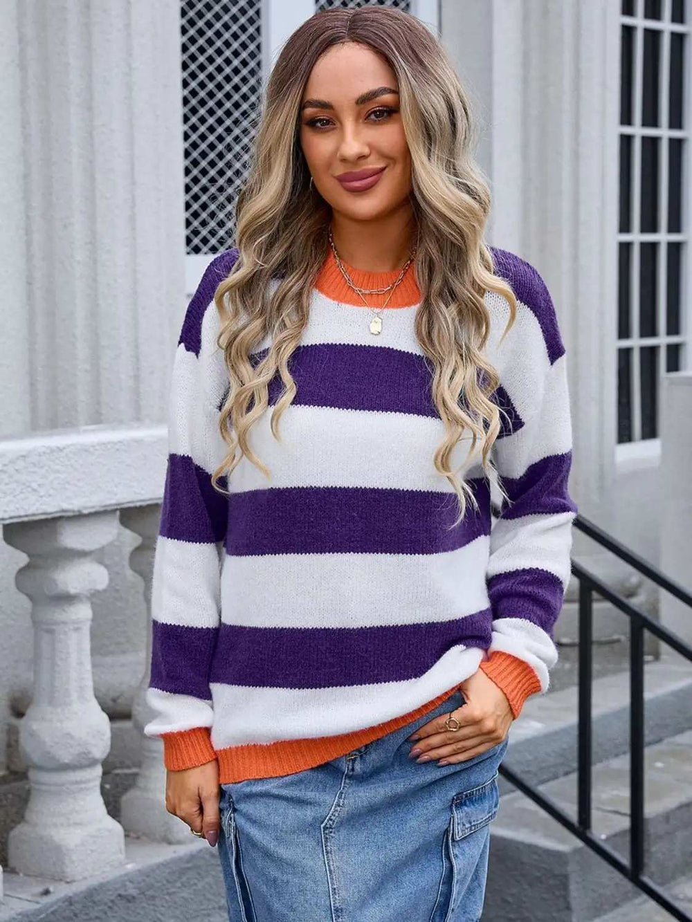 Contrast Striped Round Neck Sweater - Trendsi - Flyclothing LLC