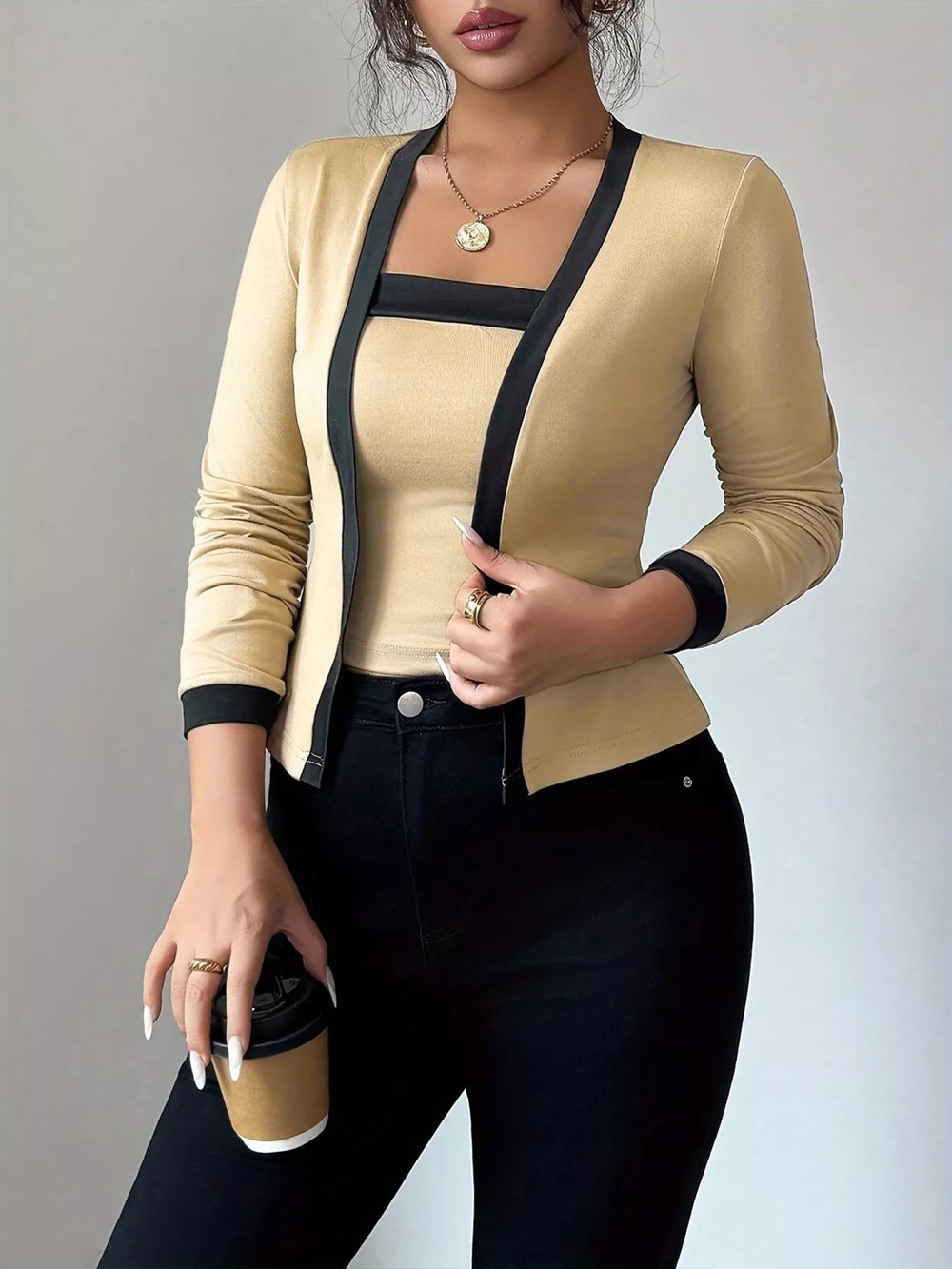 Contrast Trim Long Sleeve Top - Trendsi - Flyclothing LLC