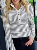 Striped Button Detail Long Sleeve Top - Trendsi - Flyclothing LLC