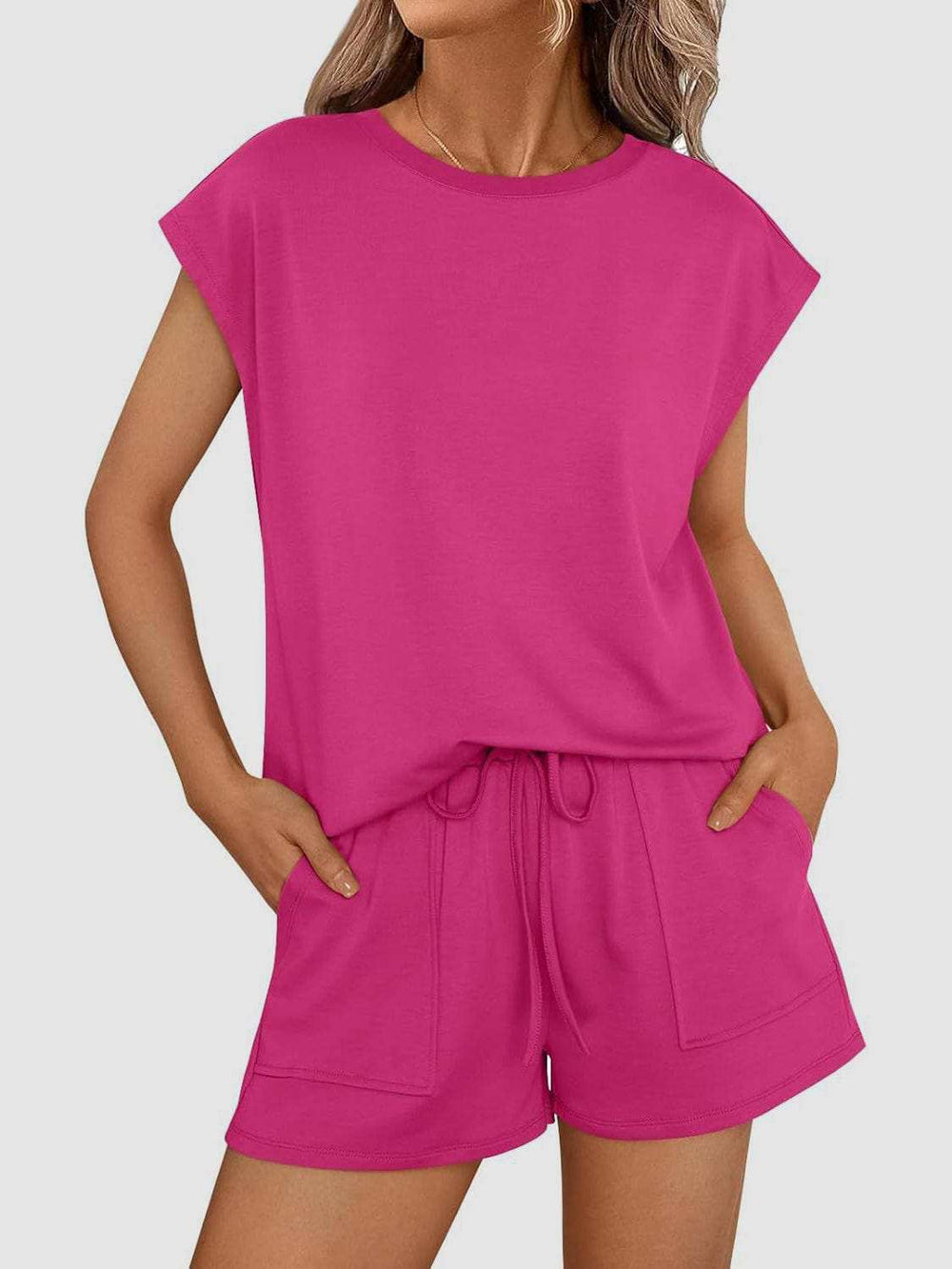 Round Neck Cap Sleeve Top and Shorts Set - Trendsi - Flyclothing LLC