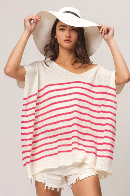 BiBi V Neck Striped Short Sleeve Top - Trendsi - Flyclothing LLC