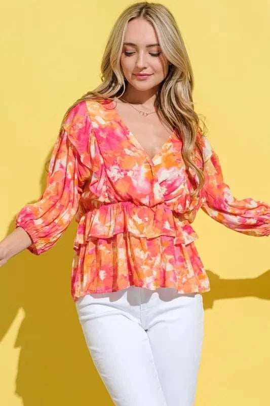 And The Why Ruffled Printed Puff Sleeve Blouse - Trendsi - Flyclothing LLC