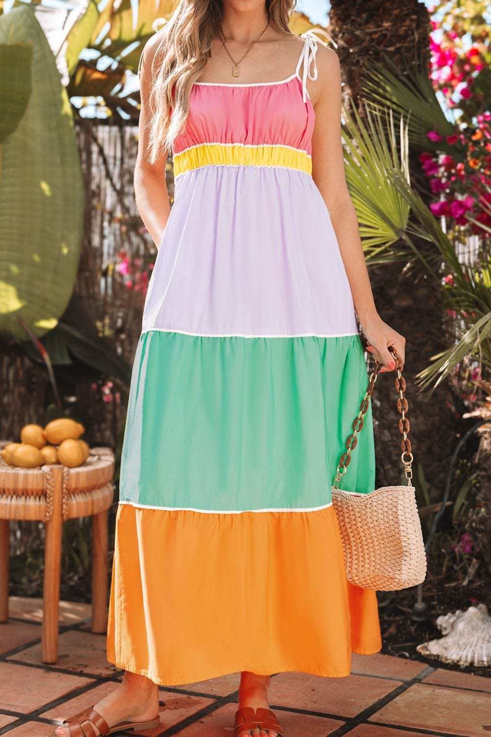 Color Block Flowy Tiered Maxi Dress with Pockets - Trendsi - Flyclothing LLC