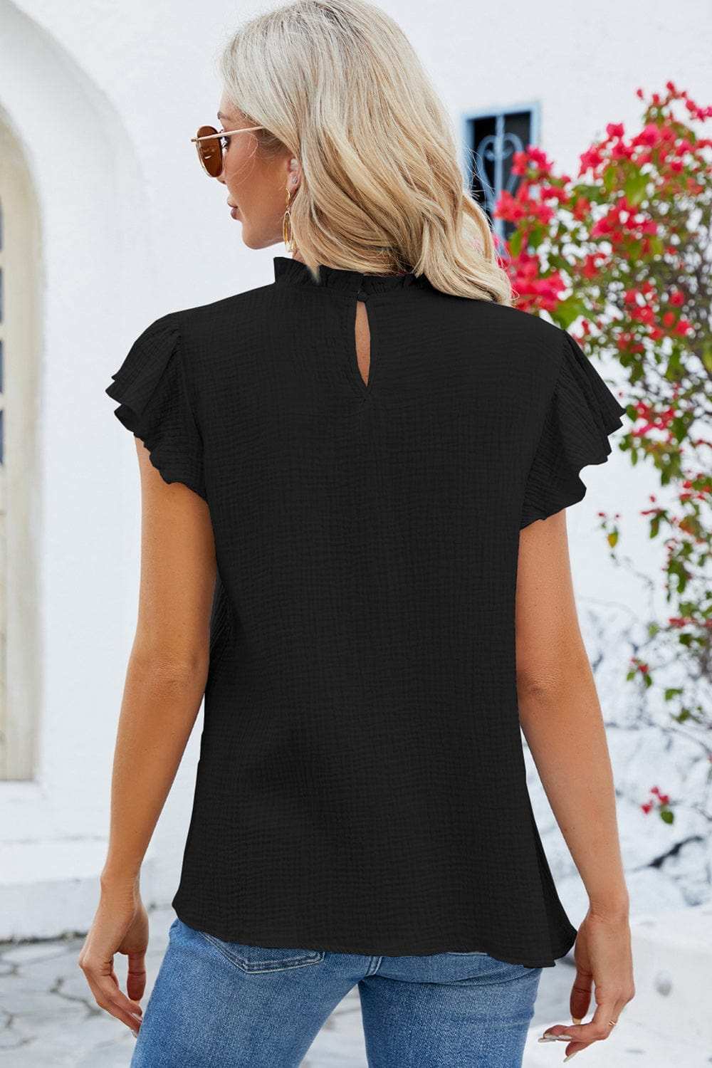 Ruffled Round Neck Cap Sleeve Blouse - Trendsi - Flyclothing LLC