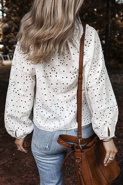 Eyelet V-Neck Long Sleeve Blouse - Trendsi - Flyclothing LLC