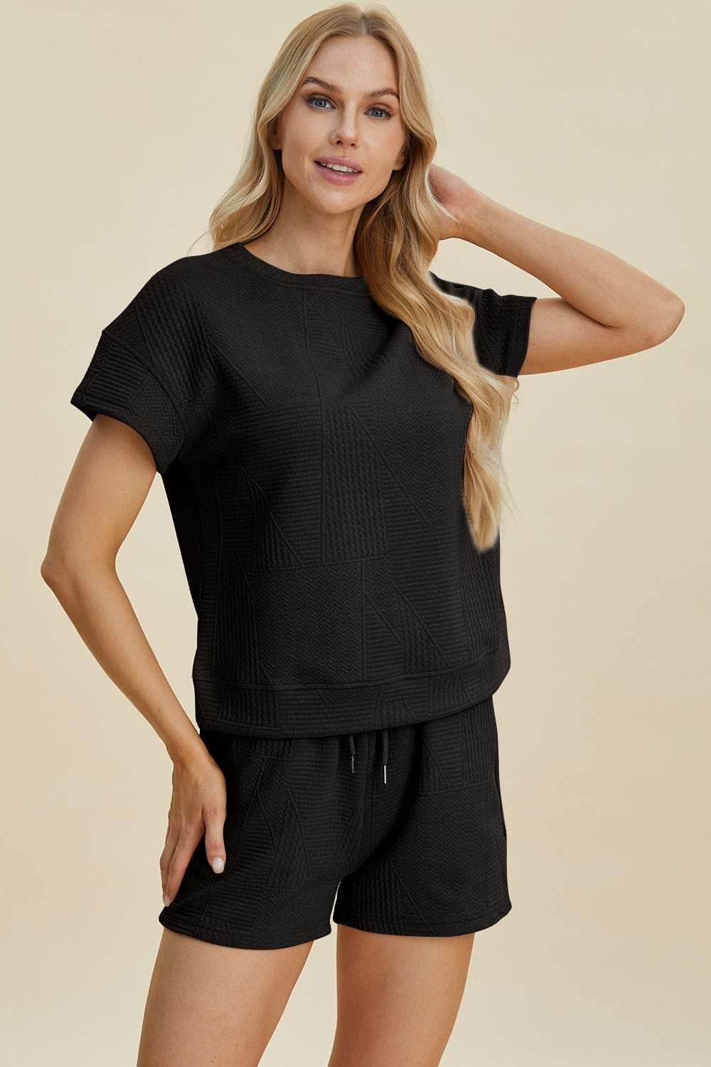 Double Take Full Size Texture Short Sleeve Top and Shorts Set - Trendsi - Flyclothing LLC