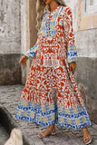 Printed Notched Long Sleeve Maxi Dress - Trendsi - Flyclothing LLC