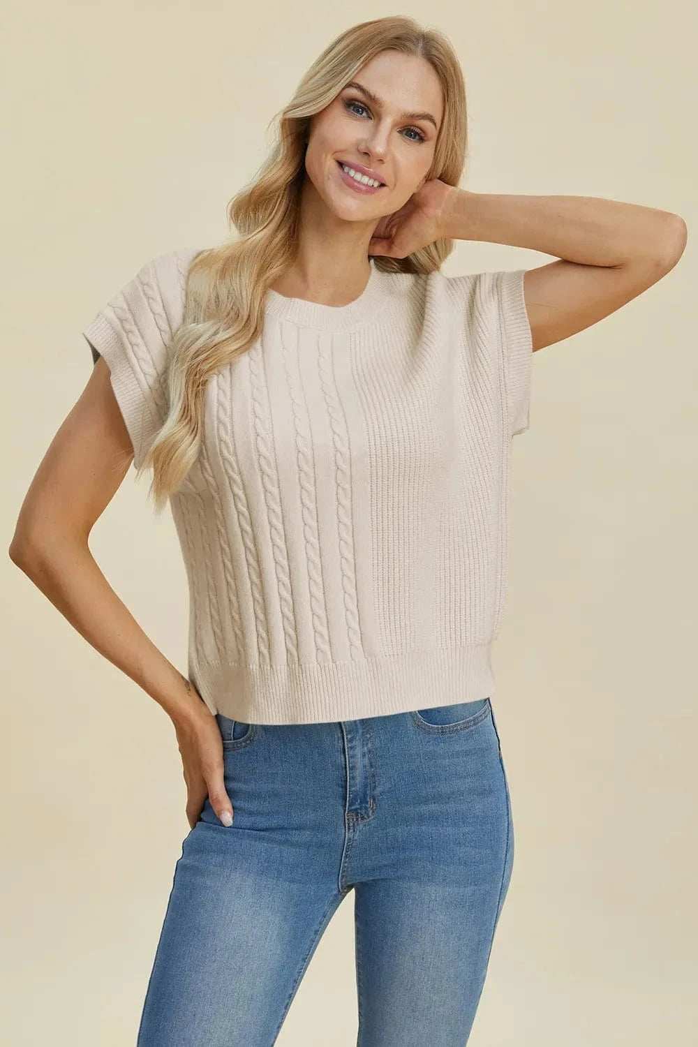 Double Take Full Size Cable-Knit Round Neck Short Sleeve Sweater - Trendsi - Flyclothing LLC