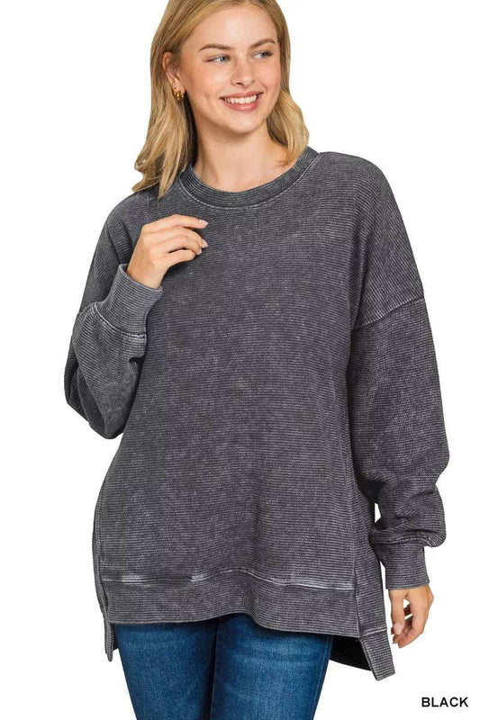 Zenana Full Size Acid Washed Double Ribbed Hi-low Sweatshirt Plus Size - Trendsi - Flyclothing LLC