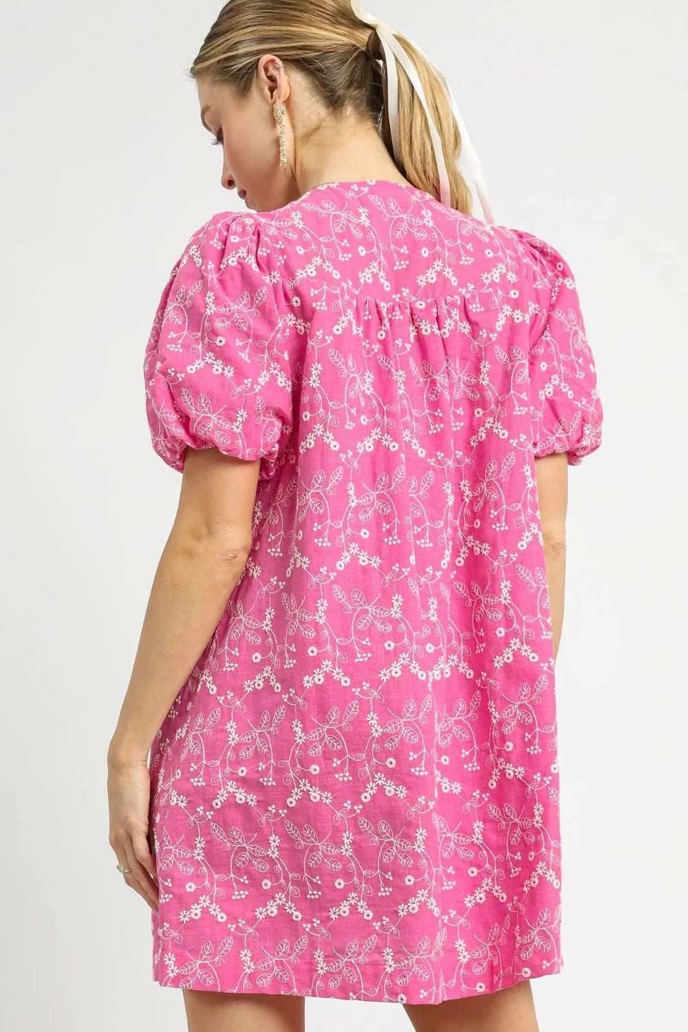 Umgee Floral Puff Sleeve V-Neck Mini Dress - Trendsi - Flyclothing LLC