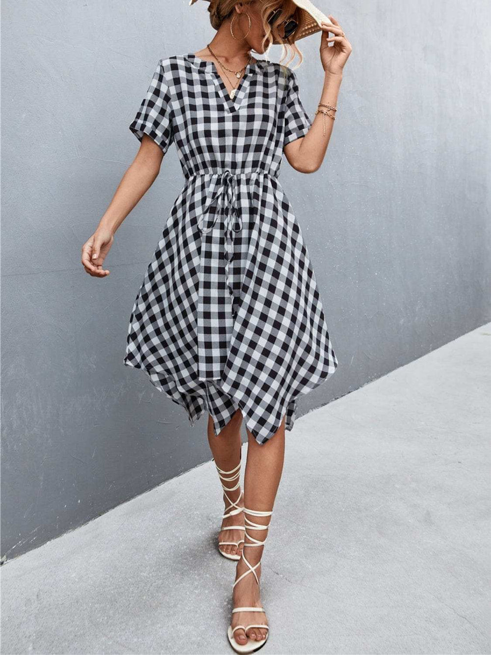 Plaid Notched Short Sleeve Dress - Trendsi - Flyclothing LLC
