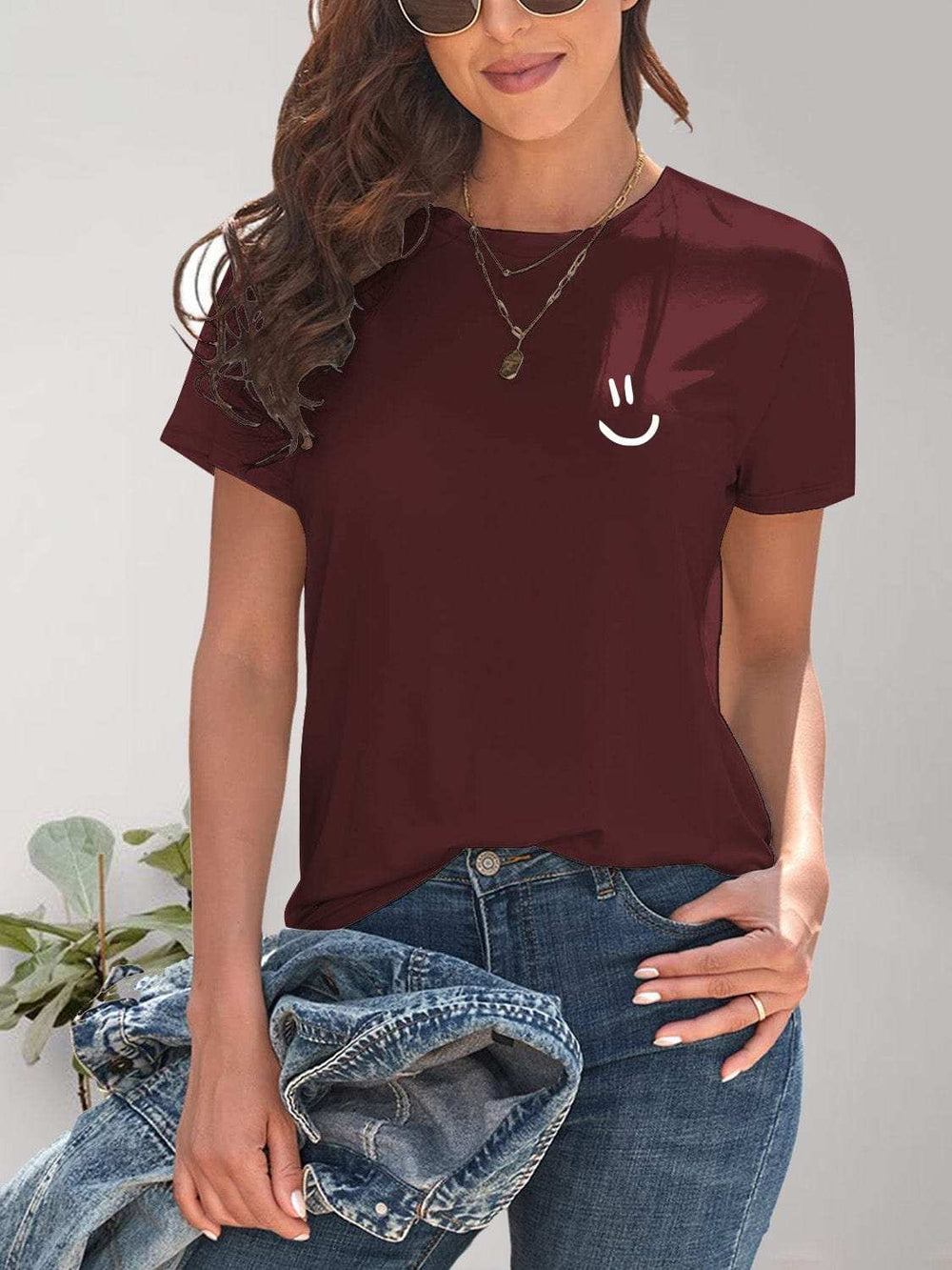 Smile Graphic Round Neck Short Sleeve T-Shirt - Trendsi - Flyclothing LLC