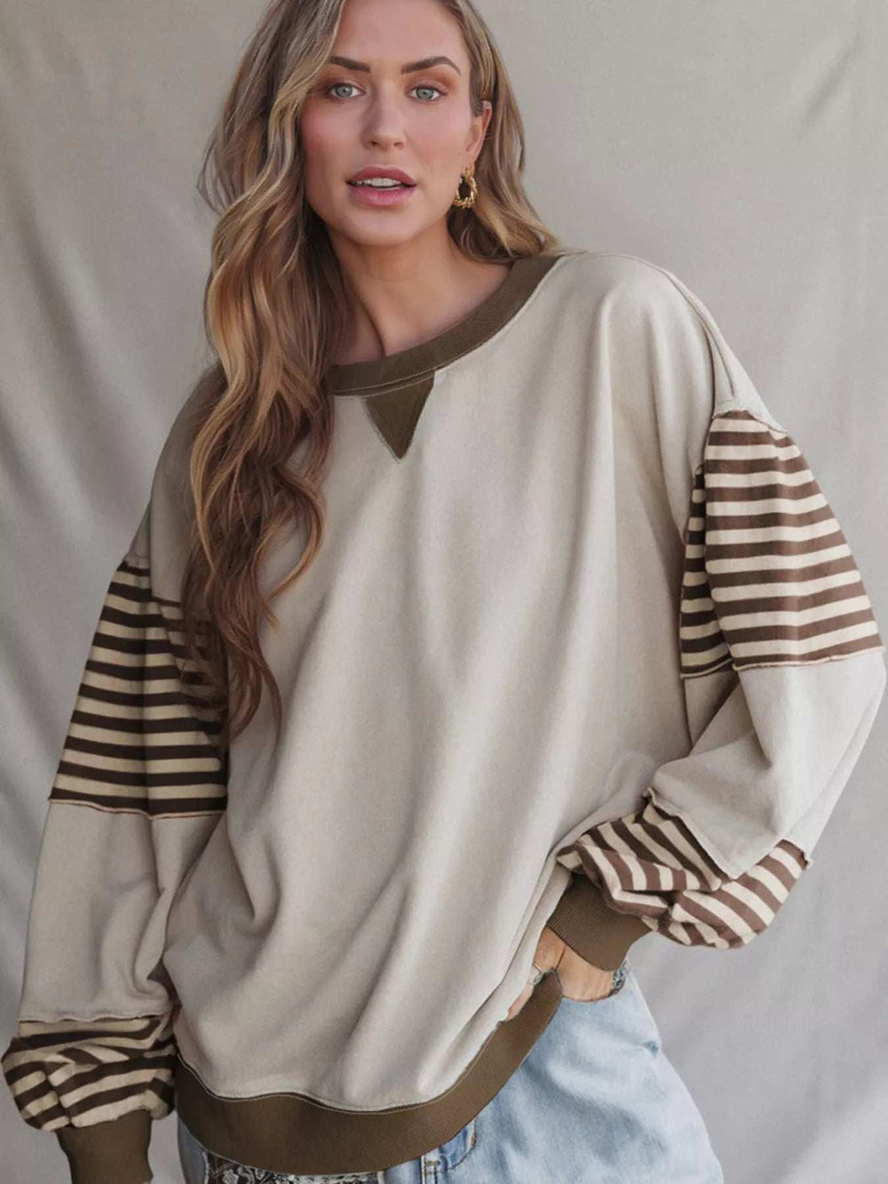 Contrast Striped Long Sleeve Sweatshirt - Trendsi - Flyclothing LLC