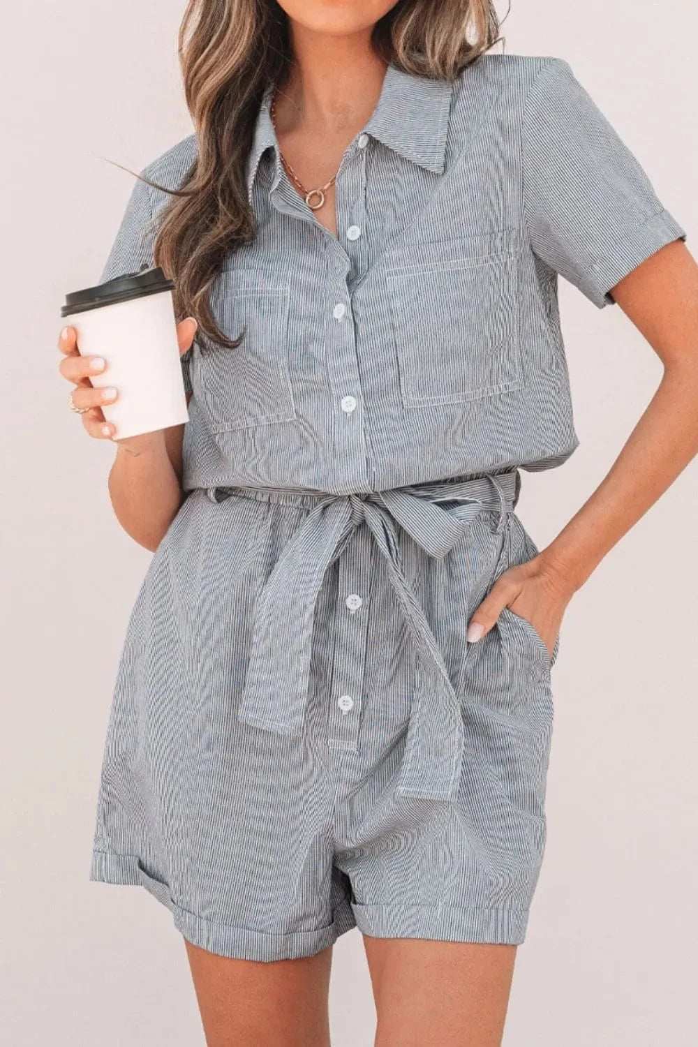 Stripe Chest Pockets Tie Waist Romper - Trendsi - Flyclothing LLC