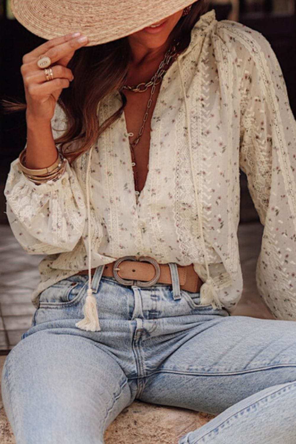 Frill Lace Detail Printed Tie Neck Long Sleeve Blouse - Trendsi - Flyclothing LLC