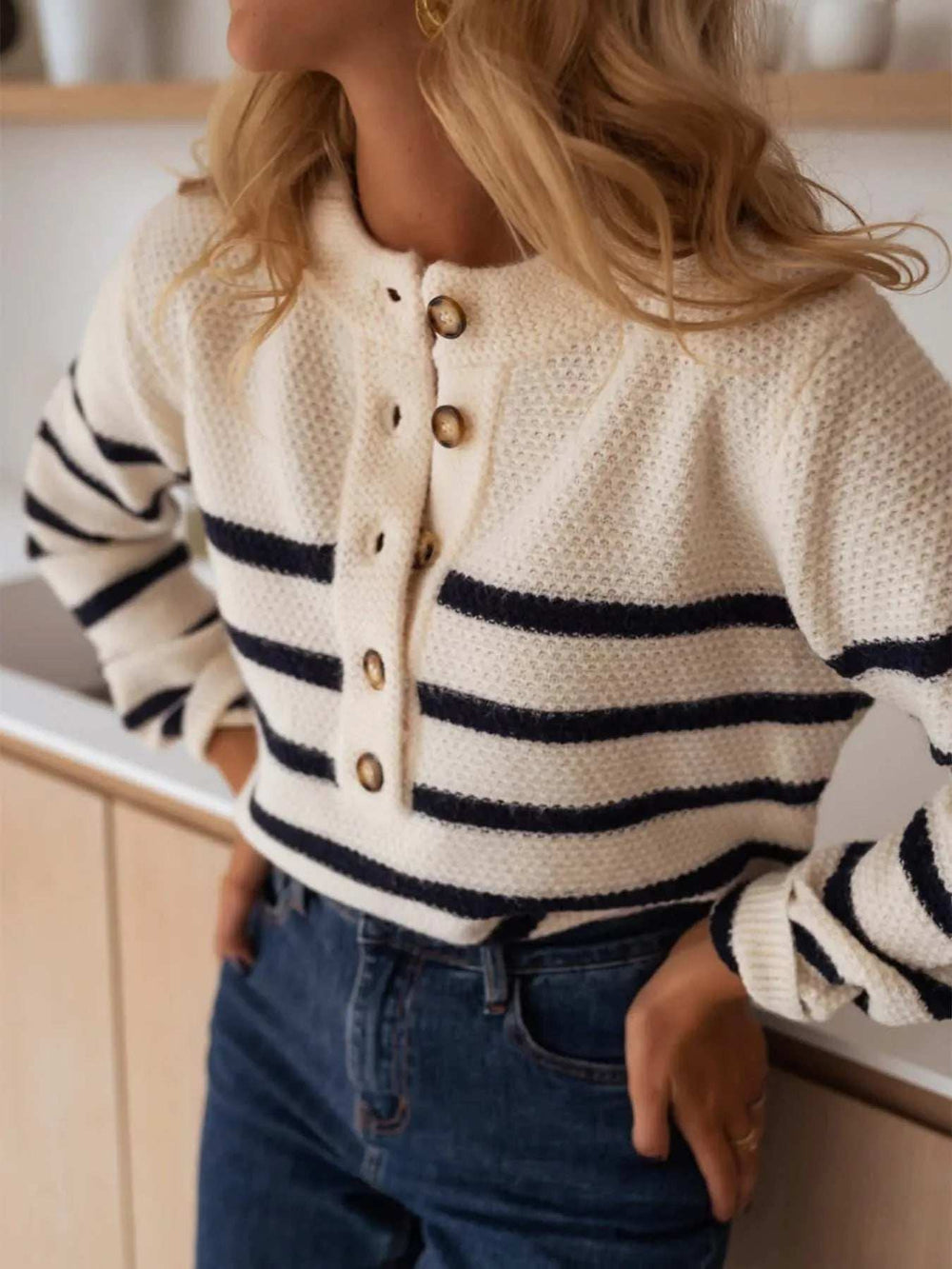 Striped Button-Front Sweater - Trendsi - Flyclothing LLC