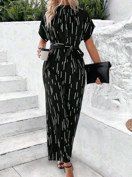 Tied Printed Mock Neck Wide Leg Jumpsuit - Trendsi - Flyclothing LLC