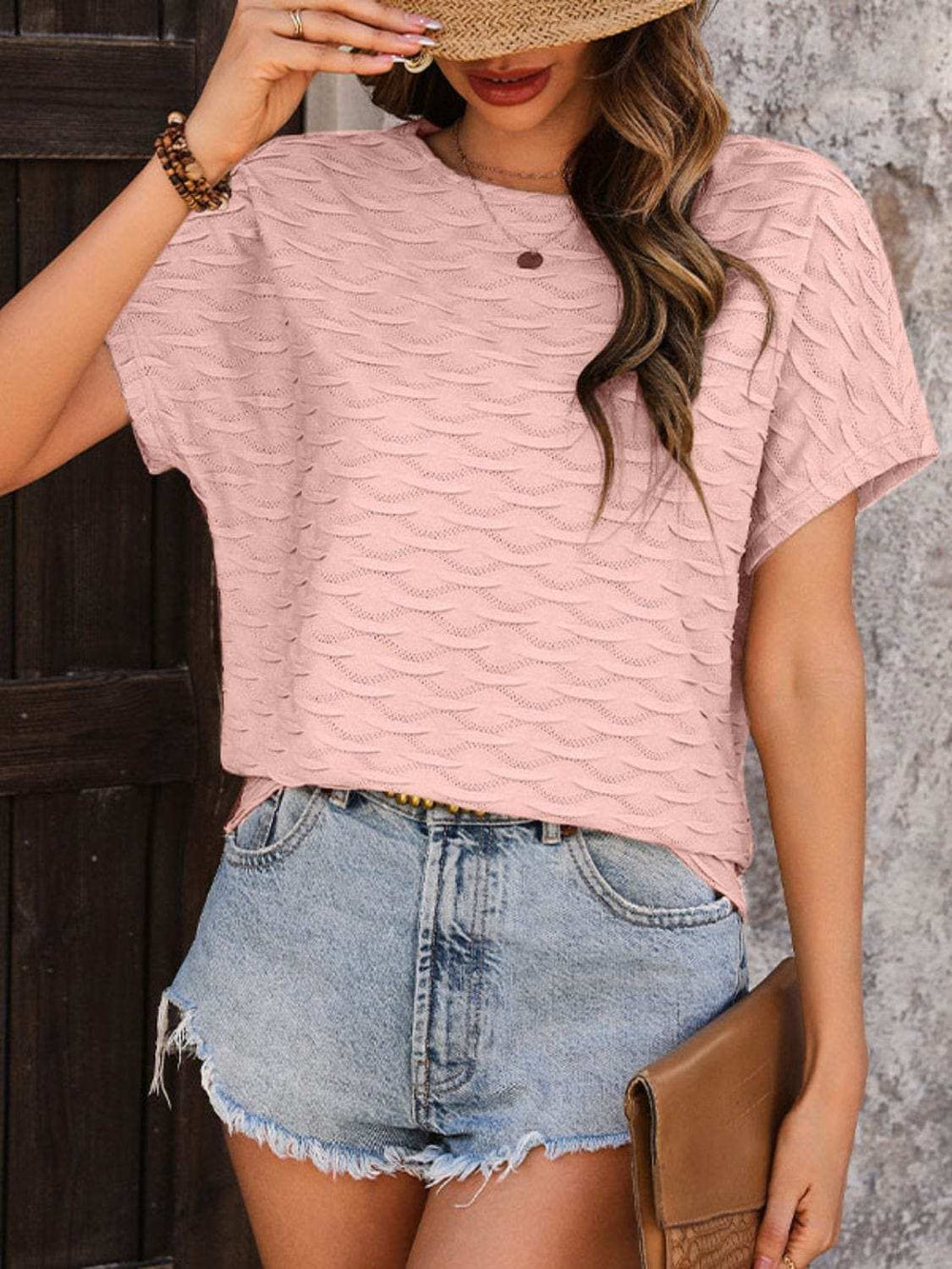 Round Neck Short Sleeve Blouse - Trendsi - Flyclothing LLC