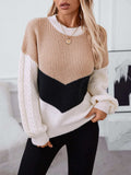 Contrast Round Neck Long Sleeve Sweater - Trendsi - Flyclothing LLC