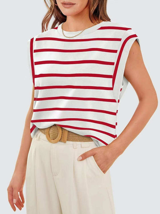 Striped Round Neck Cap Sleeve T-Shirt - Trendsi - Flyclothing LLC