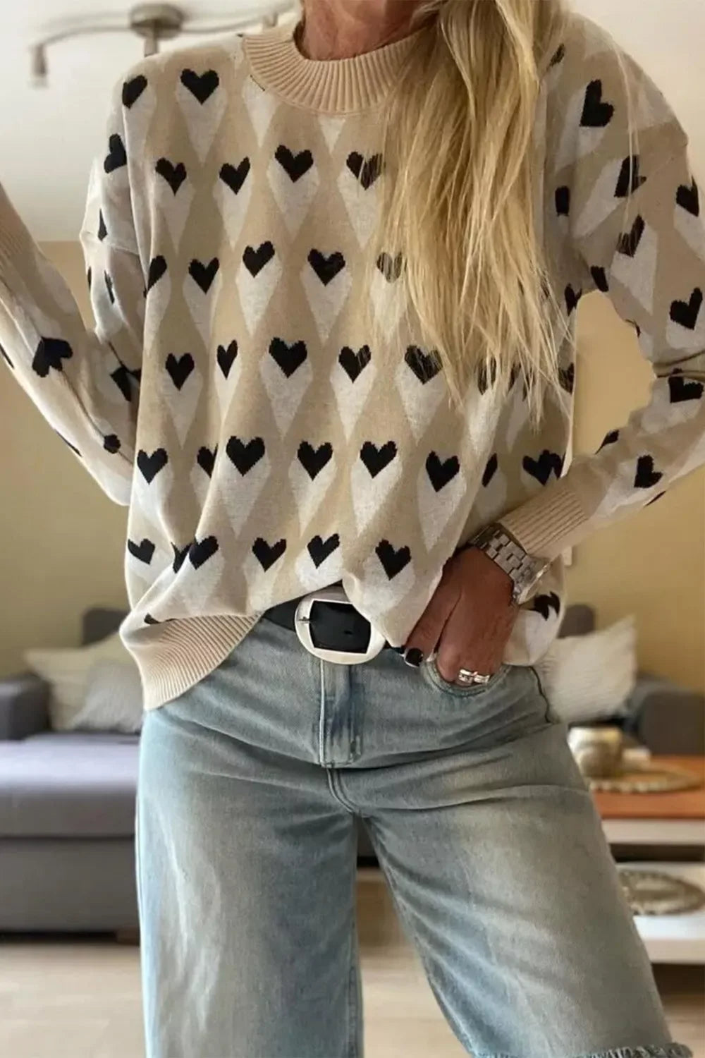 Heart Pattern Long Sleeve Sweater - Trendsi - Flyclothing LLC
