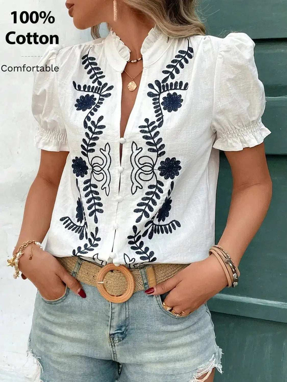 Embroidered Frill Notched Short Sleeve Blouse - Trendsi - Flyclothing LLC