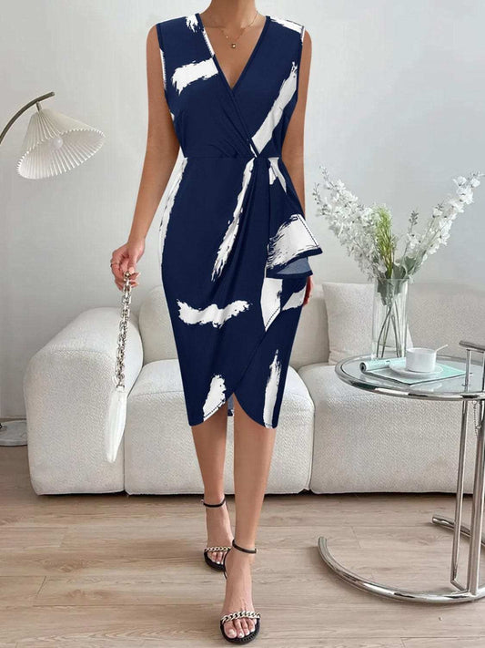 Printed Surplice Sleeveless Knee Length Dress - Trendsi - Flyclothing LLC