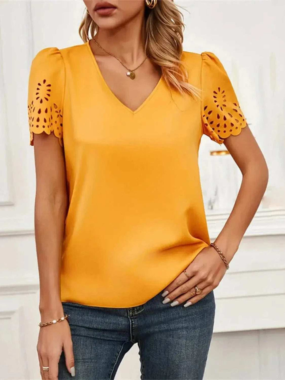 V-Neck Laser Cut Sleeve Blouse - Trendsi - Flyclothing LLC