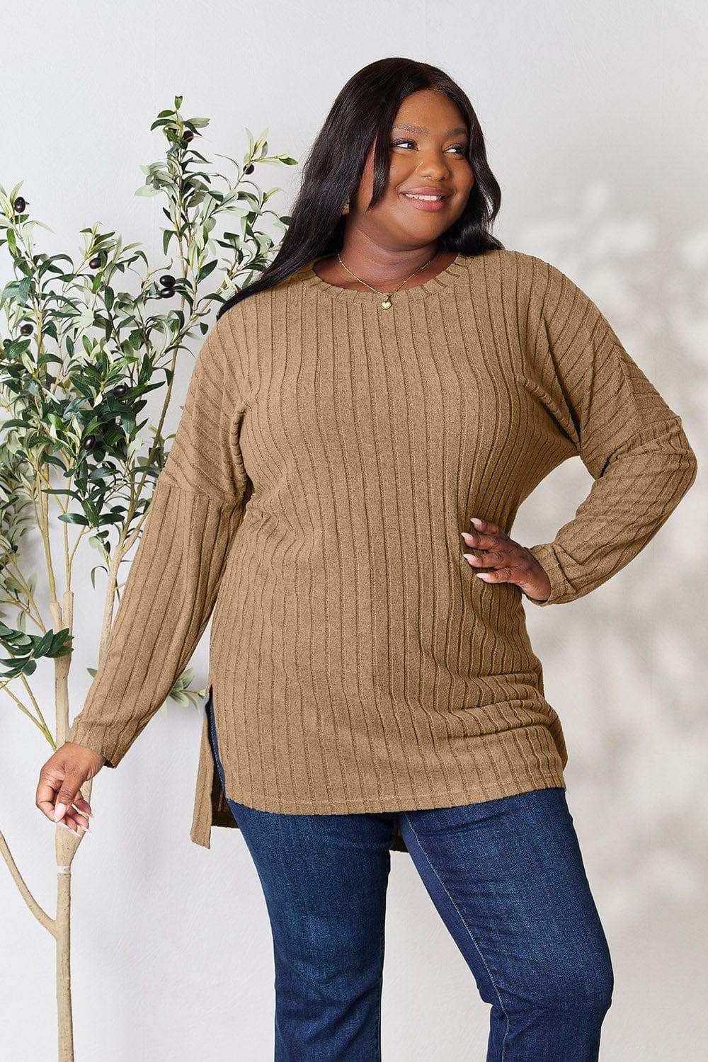 Basic Bae Full Size Ribbed Round Neck Long Sleeve Slit Top - Trendsi - Flyclothing LLC