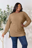 Basic Bae Full Size Ribbed Round Neck Long Sleeve Slit Top - Trendsi - Flyclothing LLC