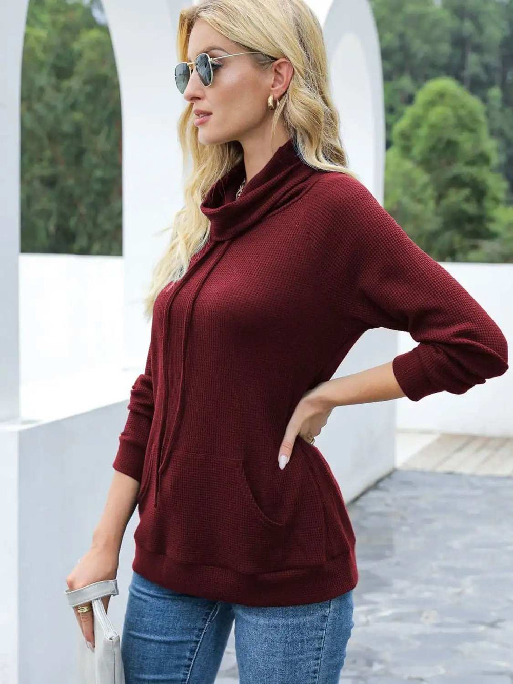 Drawstring Mock Neck Raglan Sleeve T-Shirt - Trendsi - Flyclothing LLC