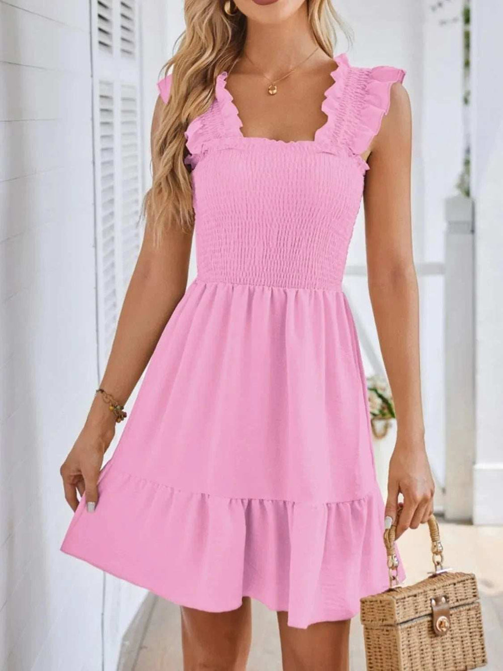 Smocked Square Neck Wide Strap Dress - Trendsi - Flyclothing LLC