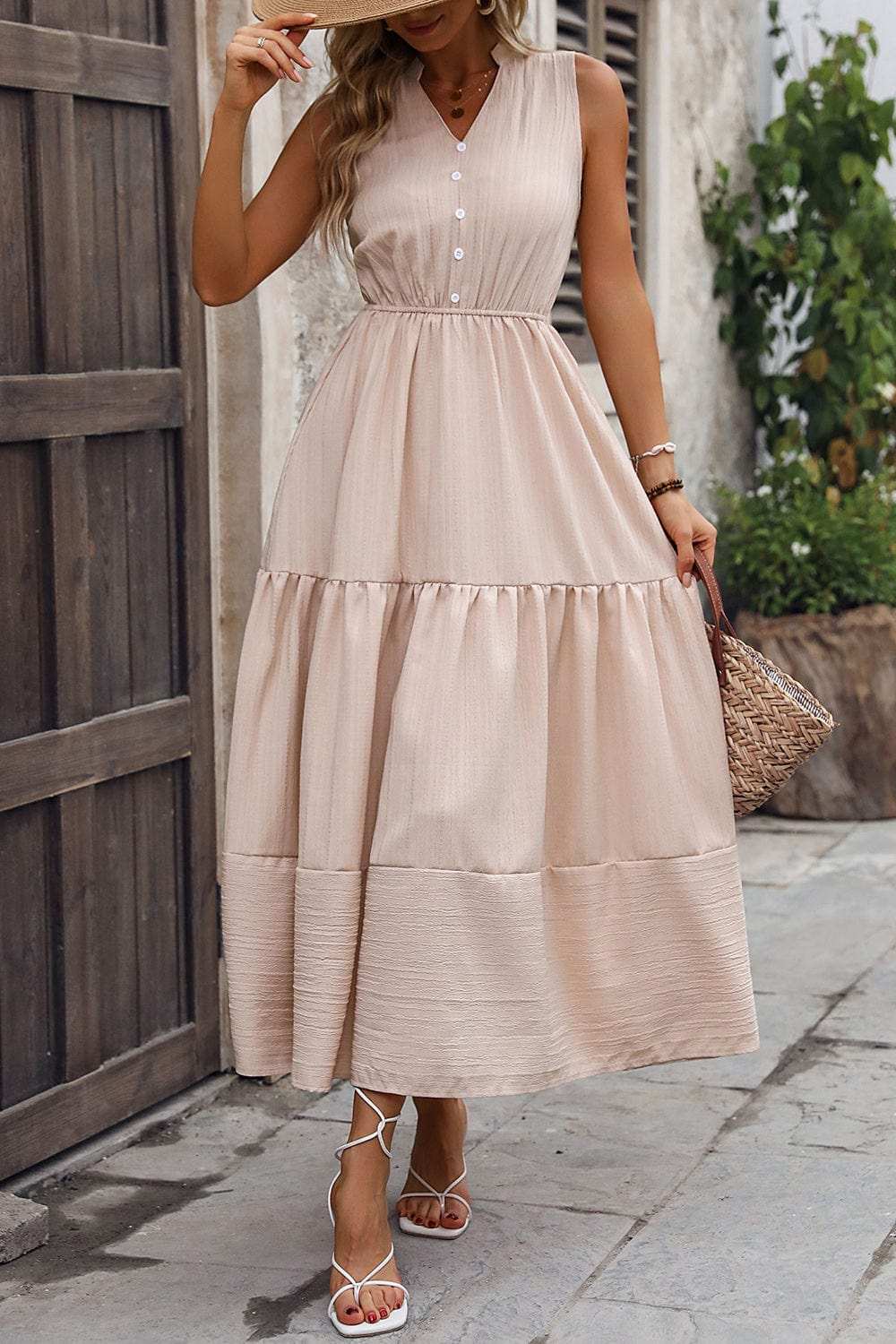 Decorative Button Notched Tiered Dress - Trendsi - Flyclothing LLC