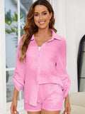 Button Up Long Sleeve Top and Shorts Set - Trendsi - Flyclothing LLC