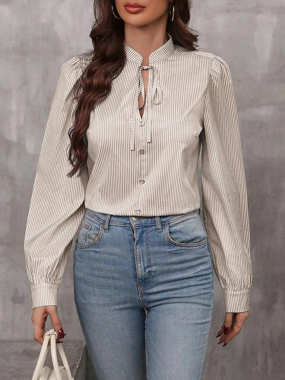 Striped Tie Neck Long Sleeve Blouse - Trendsi - Flyclothing LLC