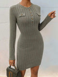 Decorative Button Round Neck Long Sleeve Dress - Trendsi - Flyclothing LLC