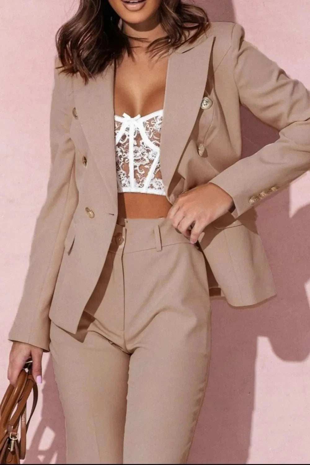 Full Size Lapel Collar Long Sleeve Blazer and Pants Set Plus Size - Trendsi - Flyclothing LLC