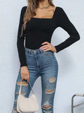 Square Neck Long Sleeve Bodysuit - Trendsi - Flyclothing LLC