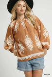 Umgee Full Size Two Tone Border Print Top with Balloon Sleeves Plus Size - Trendsi - Flyclothing LLC