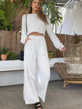 Waffle-Knit Round Neck Top and Pants Set - Trendsi - Flyclothing LLC