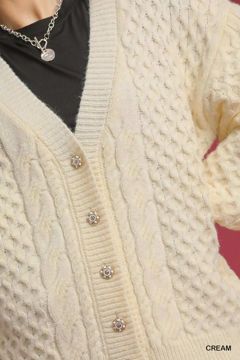 Umgee Cable Knit Pearl Button Cardigan - Trendsi - Flyclothing LLC