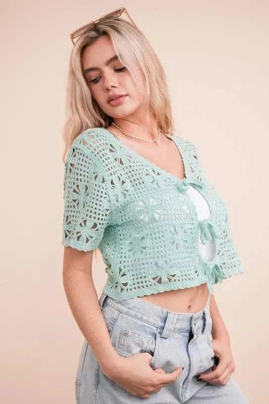 VERY J Front Tie Crochet Crop Top - Trendsi - Flyclothing LLC