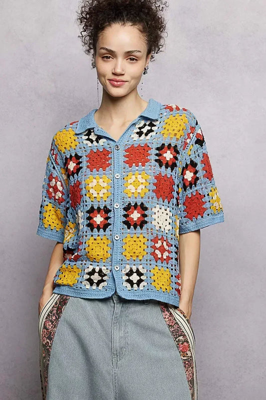 POL Crochet Short Sleeve Relaxed Fit Shirt - Trendsi - Flyclothing LLC