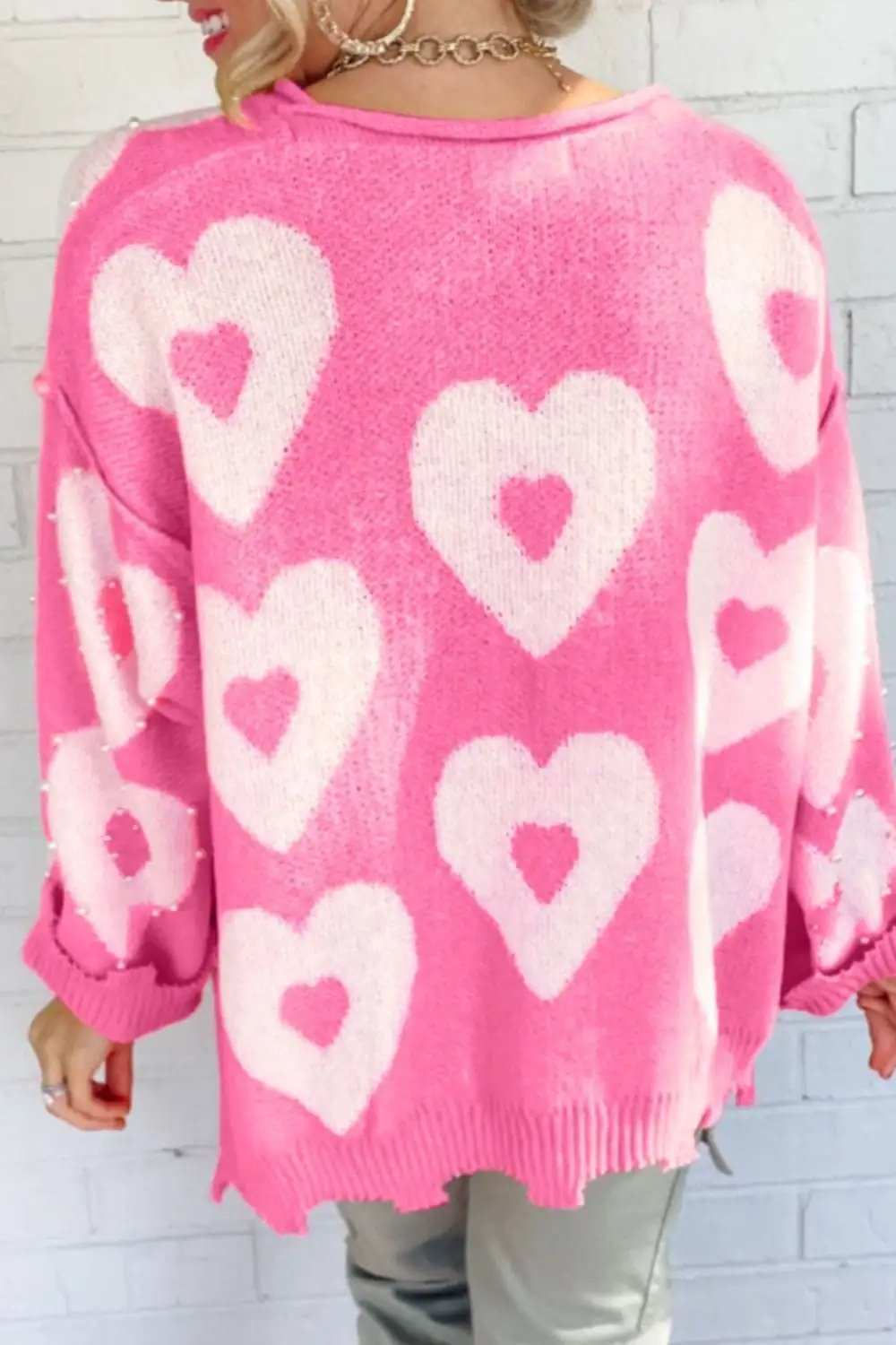 Pearl Detail Heart Round Neck Long Sleeve Sweater - Trendsi - Flyclothing LLC