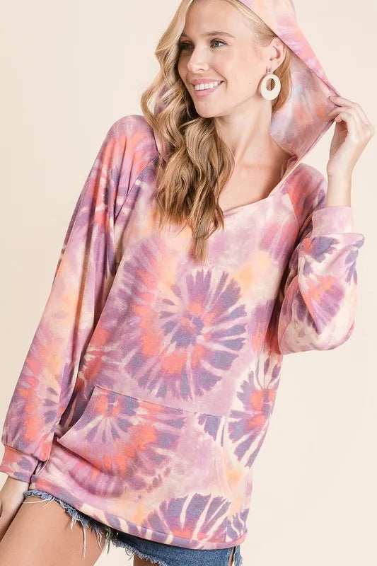 BiBi Circular Tie Dye Print Terry Hoodie with Kangaroo - Trendsi - Flyclothing LLC